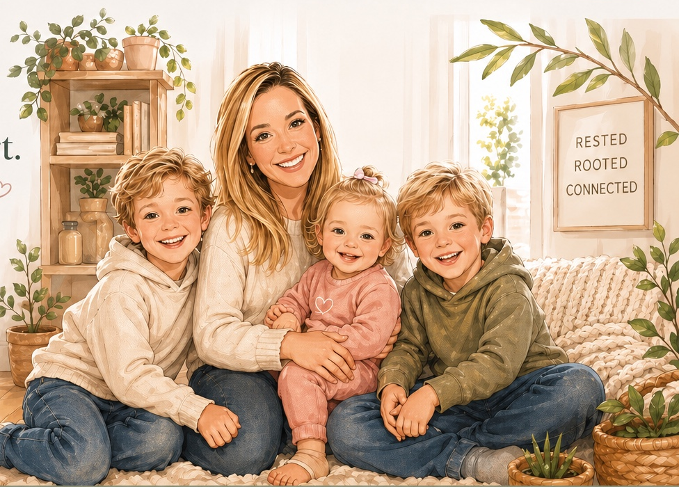 Mary with her children in a warm Rested Roots setting